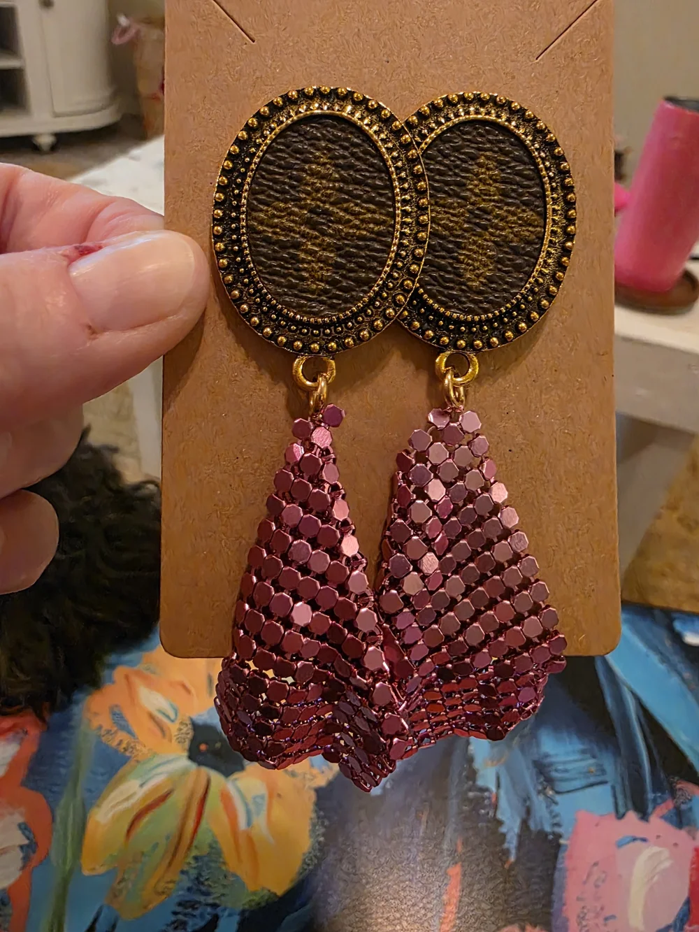 Gold-Tone Leather Oval Pink Sequin Drop Earrings